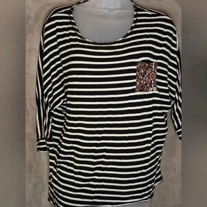Chic Contrast: VANITY Black and White Stripes with Floral Pocket Charm(#922)